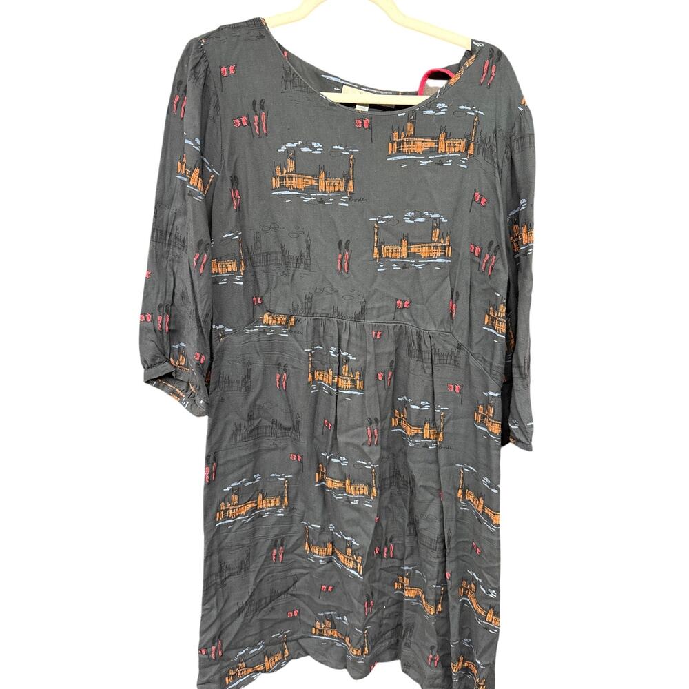 Boden Gray Midi Dress with Orange and Red Accents